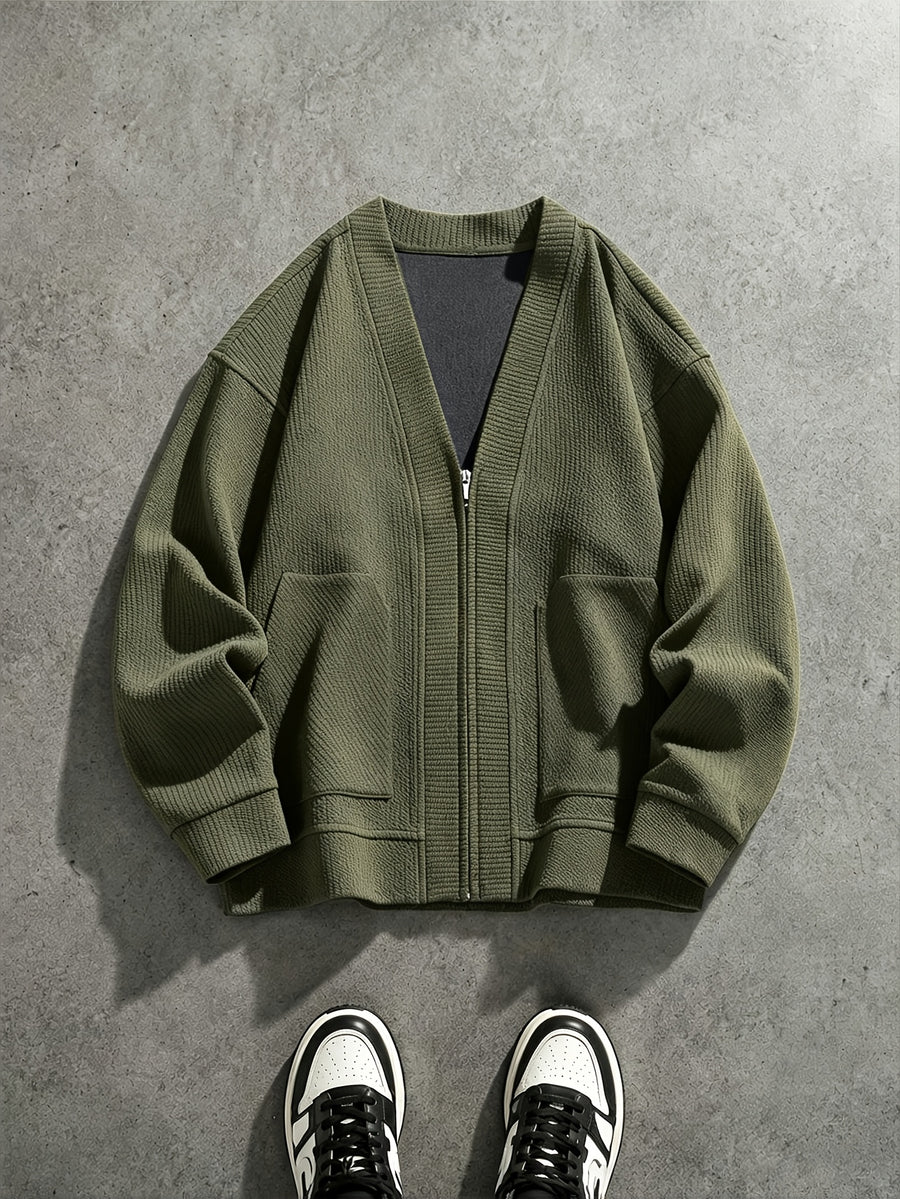 Spring/Autumn New Men's Solid Color V-Neck Zipper Knit Cardigan Jacket, Versatile Top for Commuting, Daily Wear, and Casual Occasions, Simple, Loose-Fitting, Skin-Friendly, and Soft, Couple's Knit Outerwear - fern green