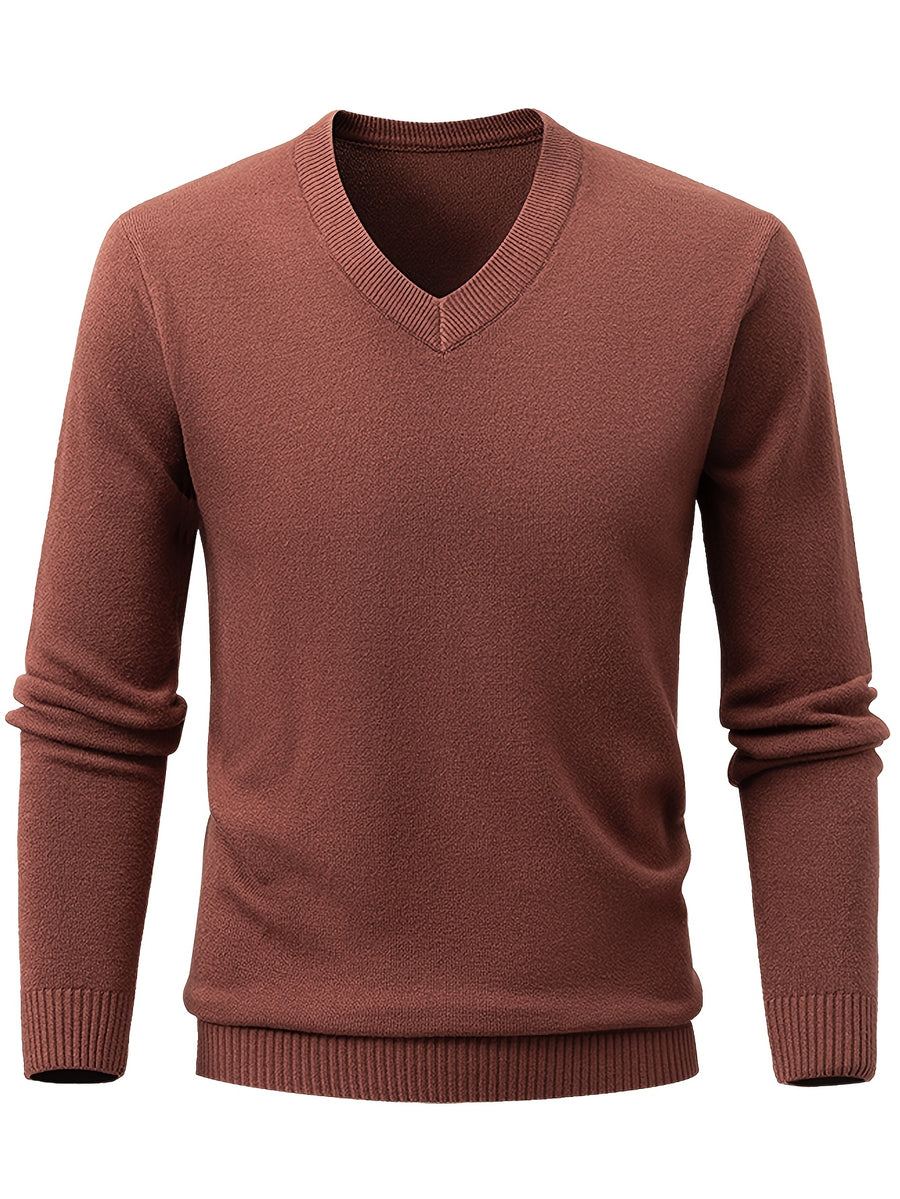 Autumn/Winter New V-Neck Solid Color Pullover Casual Versatile Knit Top for Men - Coffee Color