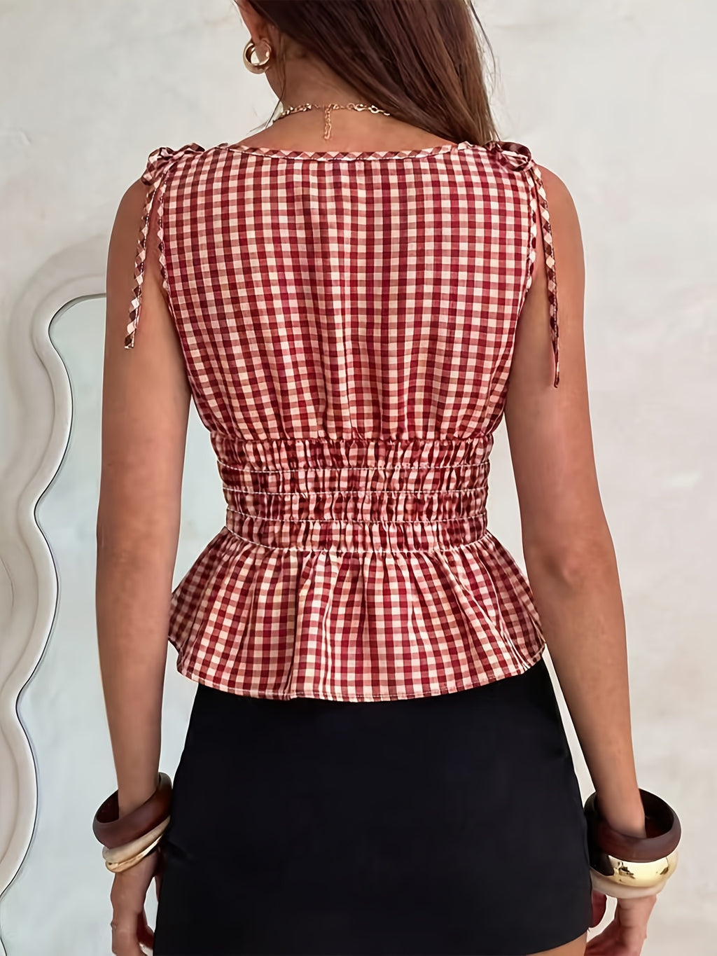 Women's Elegant Plaid Summer Vintage Nostalgic Picnic Style Sleeveless Bodycon Top, French-Style Shoulder Strap Tie-Up Heart-Shaped Neckline, Waist-Cinching Design, Ruffled Hem Doll-Style Top - Mixed colors
