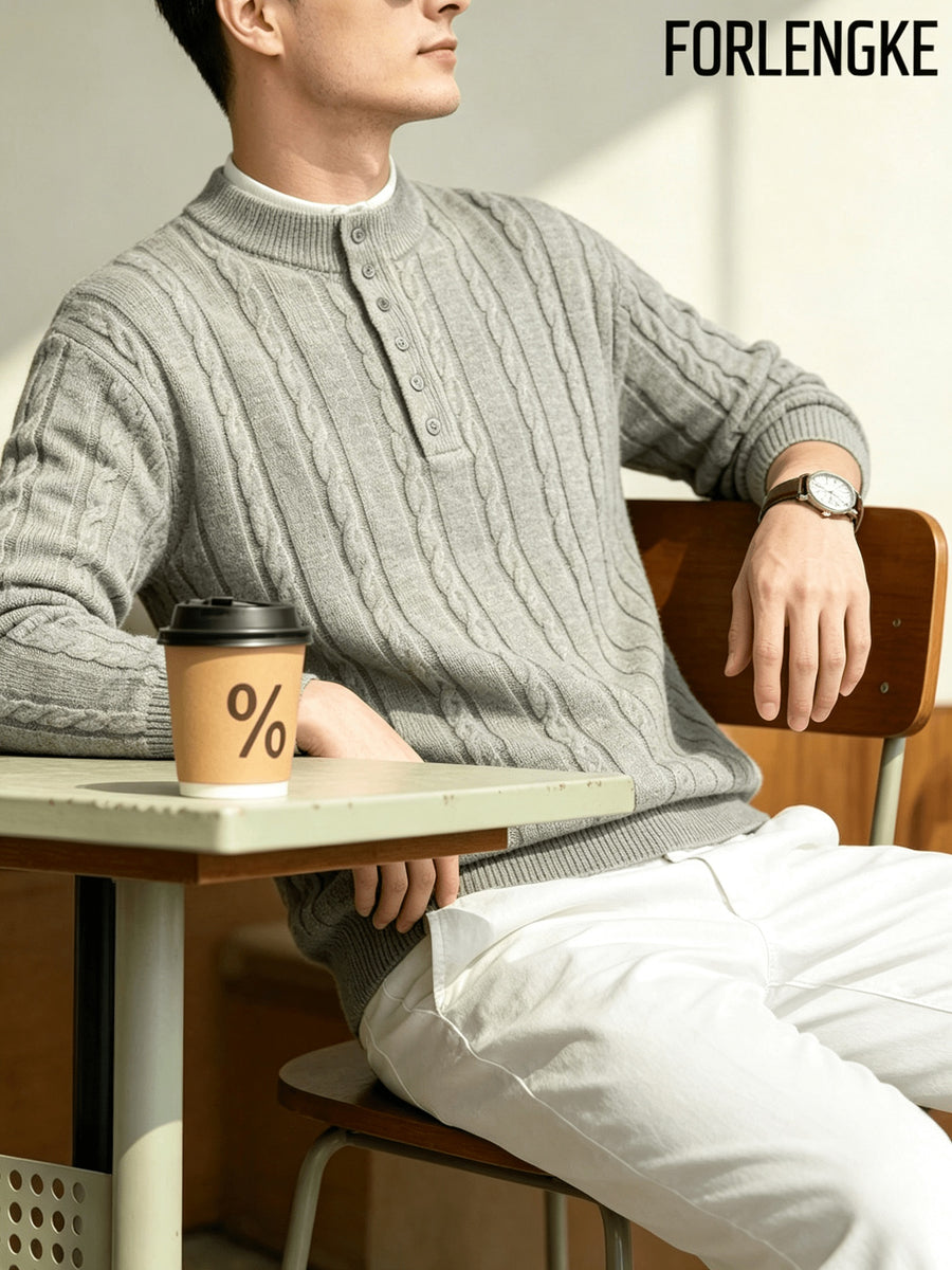FORLENGKE Autumn and Winter Men's Henry Collar Cable Knit Sweater with a Vintage 3D Twist Texture, Half-High Neck Long Sleeve Pullover, Exquisite Half-Button Design, Perfect for Casual Layering or Wearing Alone for Everyday Outings or Dates - Apricot