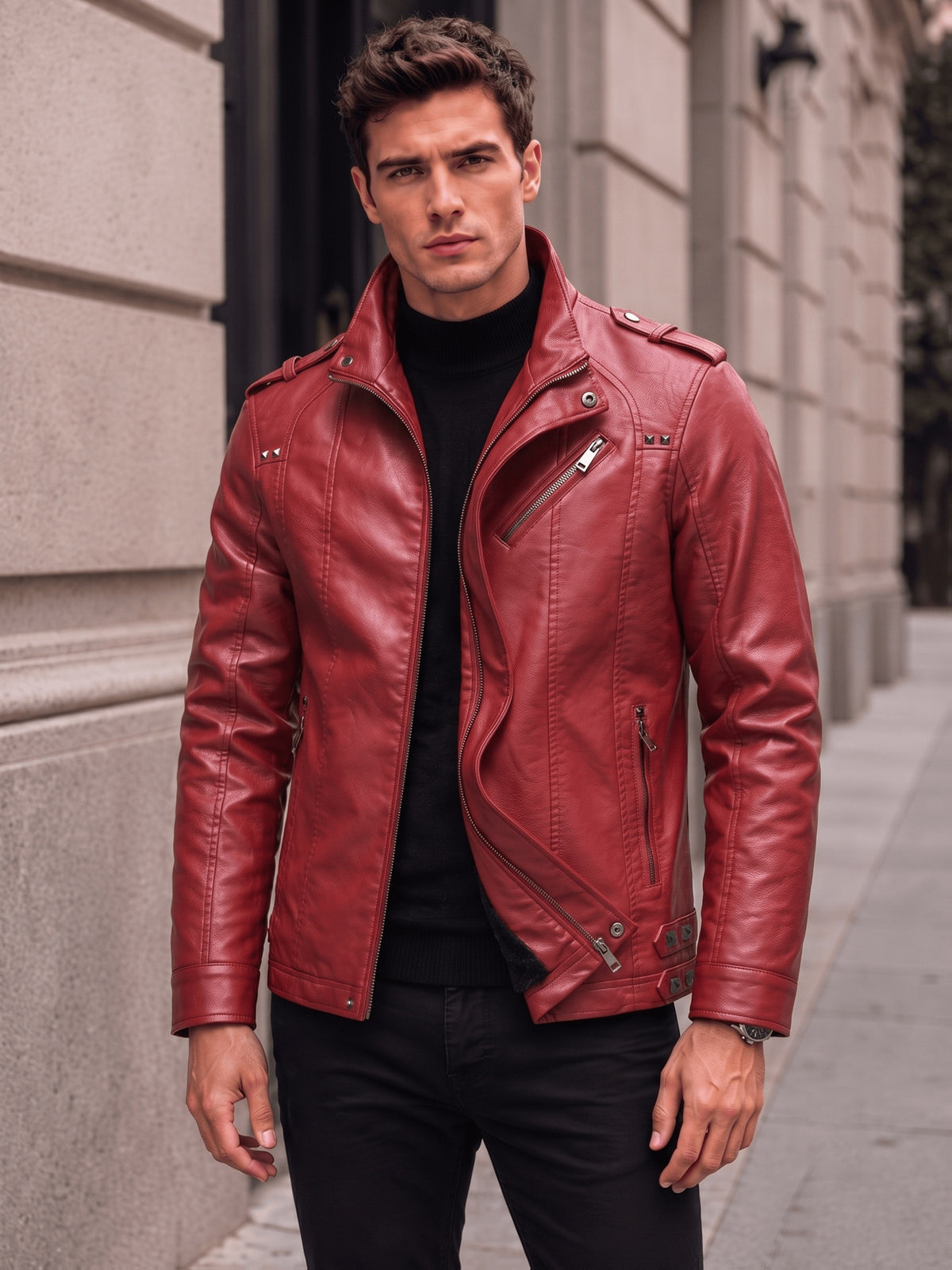 Men's PU PU Leather Biker Jacket with Warm Plush Lining, Stand Collar, Asymmetrical Zip Front, Multiple Zipper Pockets, Shoulder Tabs and Stud Accents for Fall/Winter  Commuting, Travel, Streetwear, Dating and Daily Wear - Red