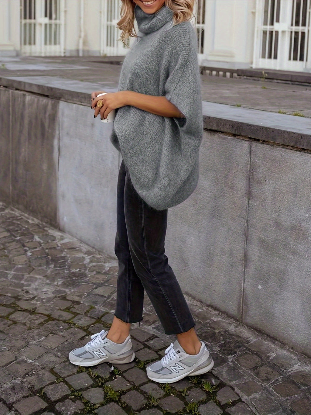 WY0813037 New Autumn Winter European and American Fashion Solid Color High Neck Comfortable Shawl Cape Sweater for Women 2025 - Grey