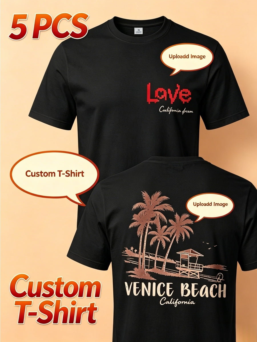 Summer Men's 5pcs Pure Cotton Short-Sleeve T-Shirts, Classic Crew Neck Versatile Basic Style, Soft Breathable Regular Fit, Custom Print Patterns Available, Ideal for Daily Wear, Team Apparel, and Commemorative Work Uniforms - Black