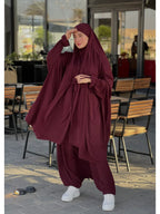 New Women'S Middle Eastern Dubai Turkish Abaya Headscarf Matching Casual Pants Set P303 - Burgundy