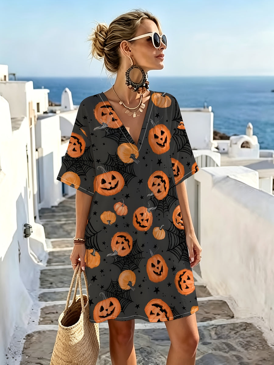 Vintage Pumpkin Spiderweb Print V-Neck Dress, Featuring a Loose Drop-shoulder Short-sleeve Cut and a Relaxed, Easy-fit Silhouette That Flatters All Body Types. Perfect for Creating a Halloween-themed Outfit, This Dress Is Made from Skin-friendly - Mixed colors