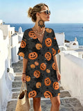 Vintage Pumpkin Spiderweb Print V-Neck Dress, Featuring a Loose Drop-shoulder Short-sleeve Cut and a Relaxed, Easy-fit Silhouette That Flatters All Body Types. Perfect for Creating a Halloween-themed Outfit, This Dress Is Made from Skin-friendly - Mixed colors