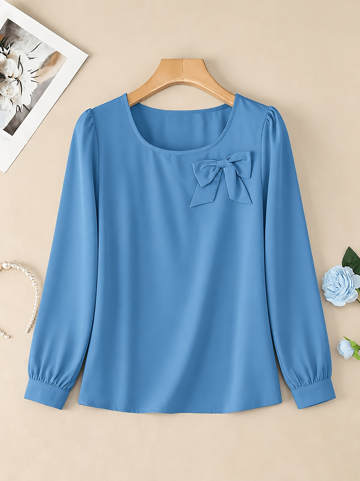 Elegant Casual Long-Sleeve Blouse with Bow and Lantern Sleeves, Solid Color Top ASD1 - Deep Sky Blue
