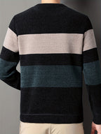 New Winter Striped Men'S Round-Neck Sweater, Fleece-Lined for Comfort, Stylish And Casual, Warm Pullover Knit Top, Thick Winter Men'S Clothing - Sea Blue