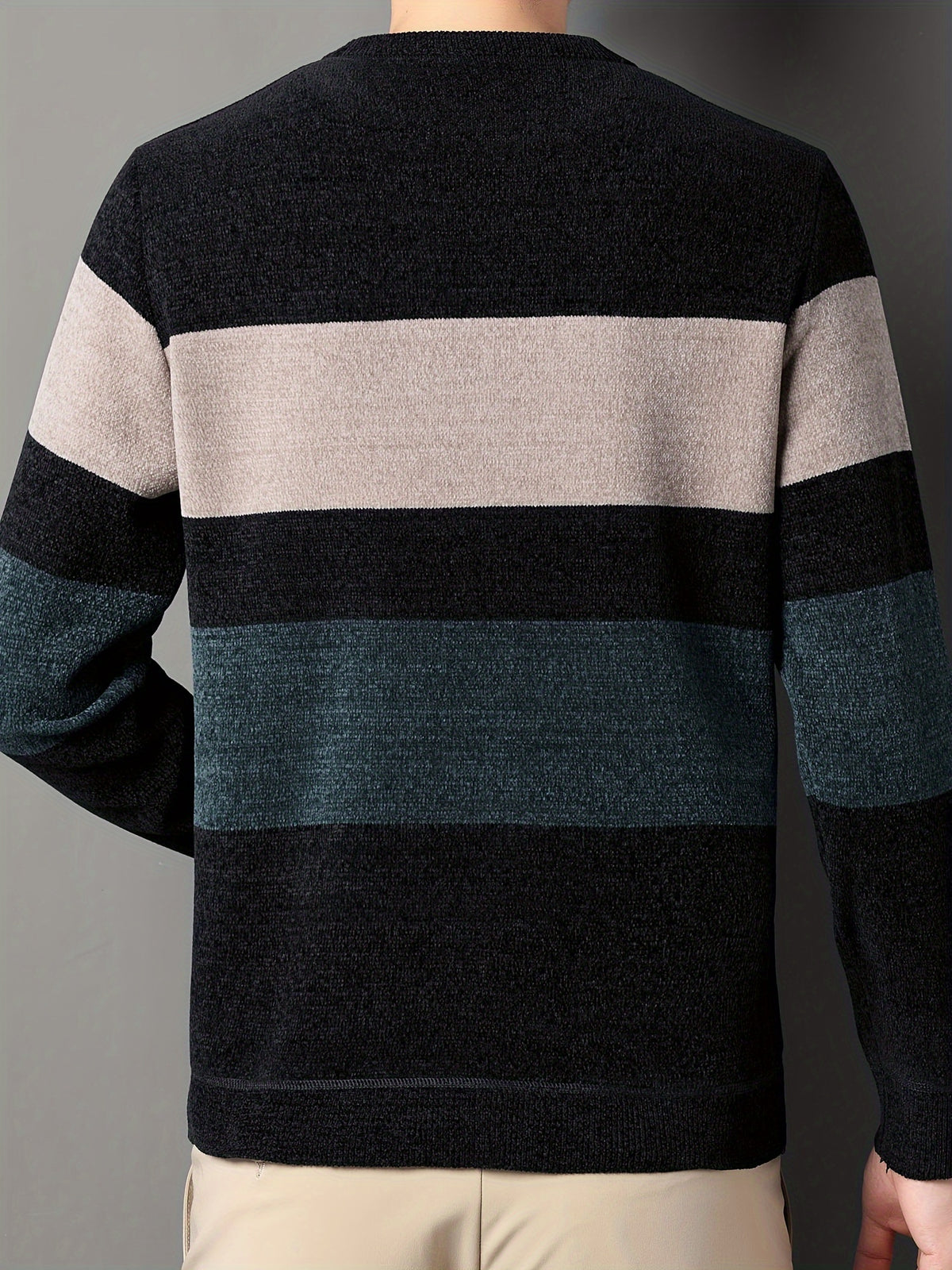 New Winter Striped Men'S Round-Neck Sweater, Fleece-Lined for Comfort, Stylish And Casual, Warm Pullover Knit Top, Thick Winter Men'S Clothing - Sea Blue