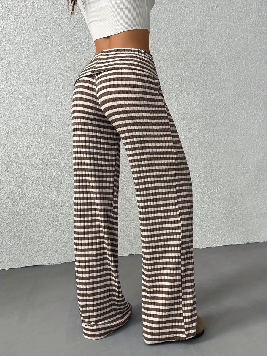 Women's Wide- Trousers - Wide- Pants with Striped, Wide-Legged Trousers Suitable for Spring/Summer, Machine Washable Elegant Wide Pants for, Casual & Semi-Formal Wear, Non- Wide Trousers - Coffee Brown