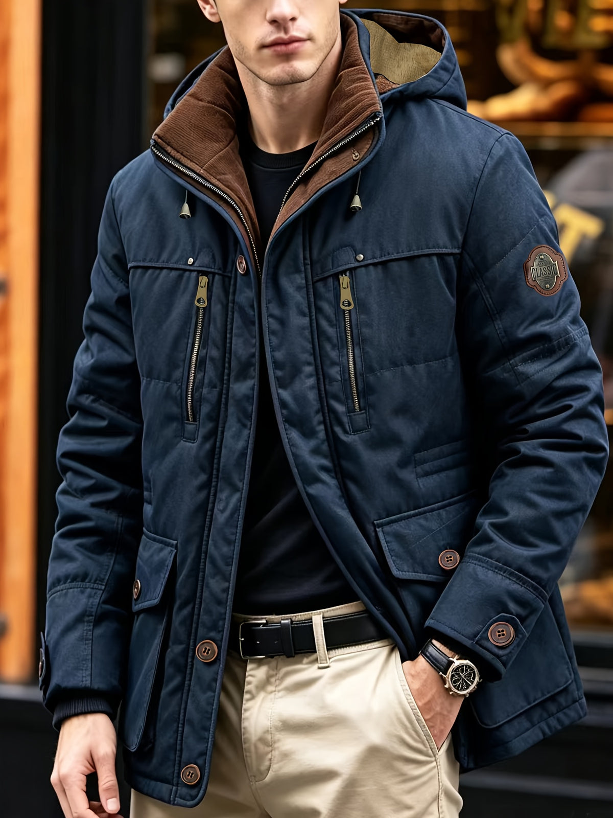 Cargo Jacket, Removable Hood Corduroy Lining Multi-Zipper Pockets, Warm Casual Top Jacket, Western Trendy Outerwear. Men'S Fashion Winter Mid-Length Fleece-Lined Thick Jacket, Men'S Work Practical Jacket - Blue