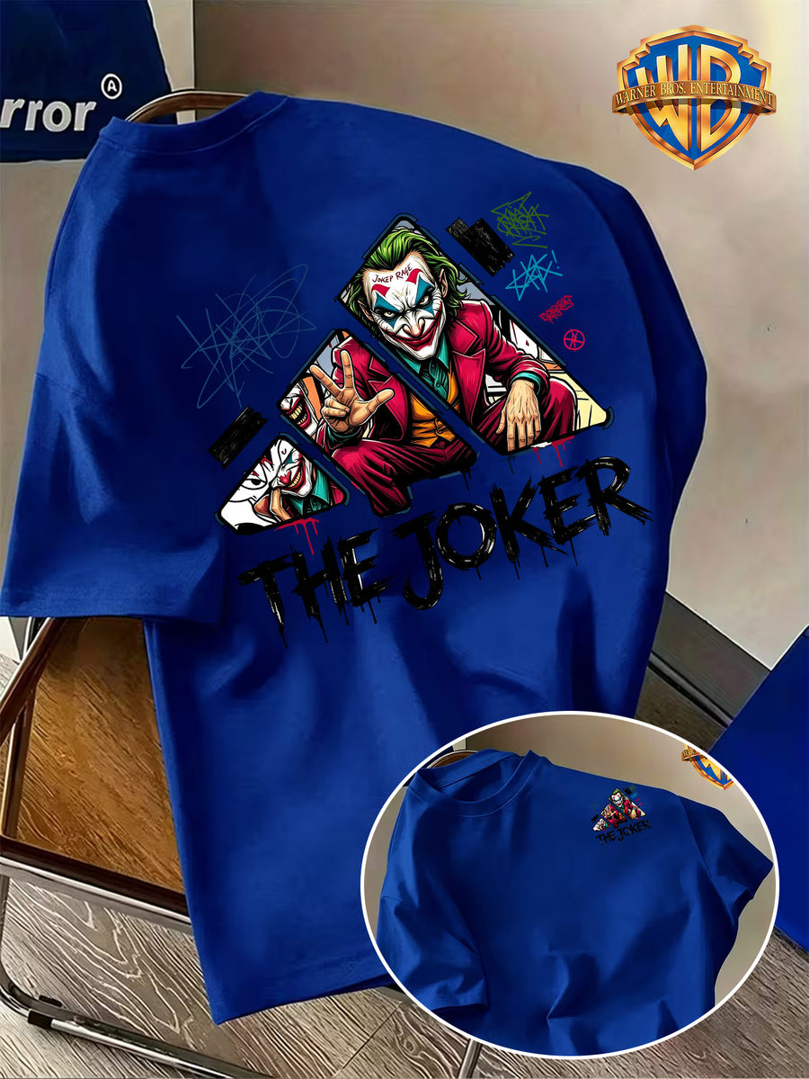 Back-To-School Season Warner Authorized Pure Men'S Short Sleeve T-Shirt, Street Graffiti Style Red Suit Joker Victory Gesture Half-Body Portrait Creative Cartoon Pattern Print, Men'S Casual Trendy Summer Top, Multiple Sizes Available - Royal Blue