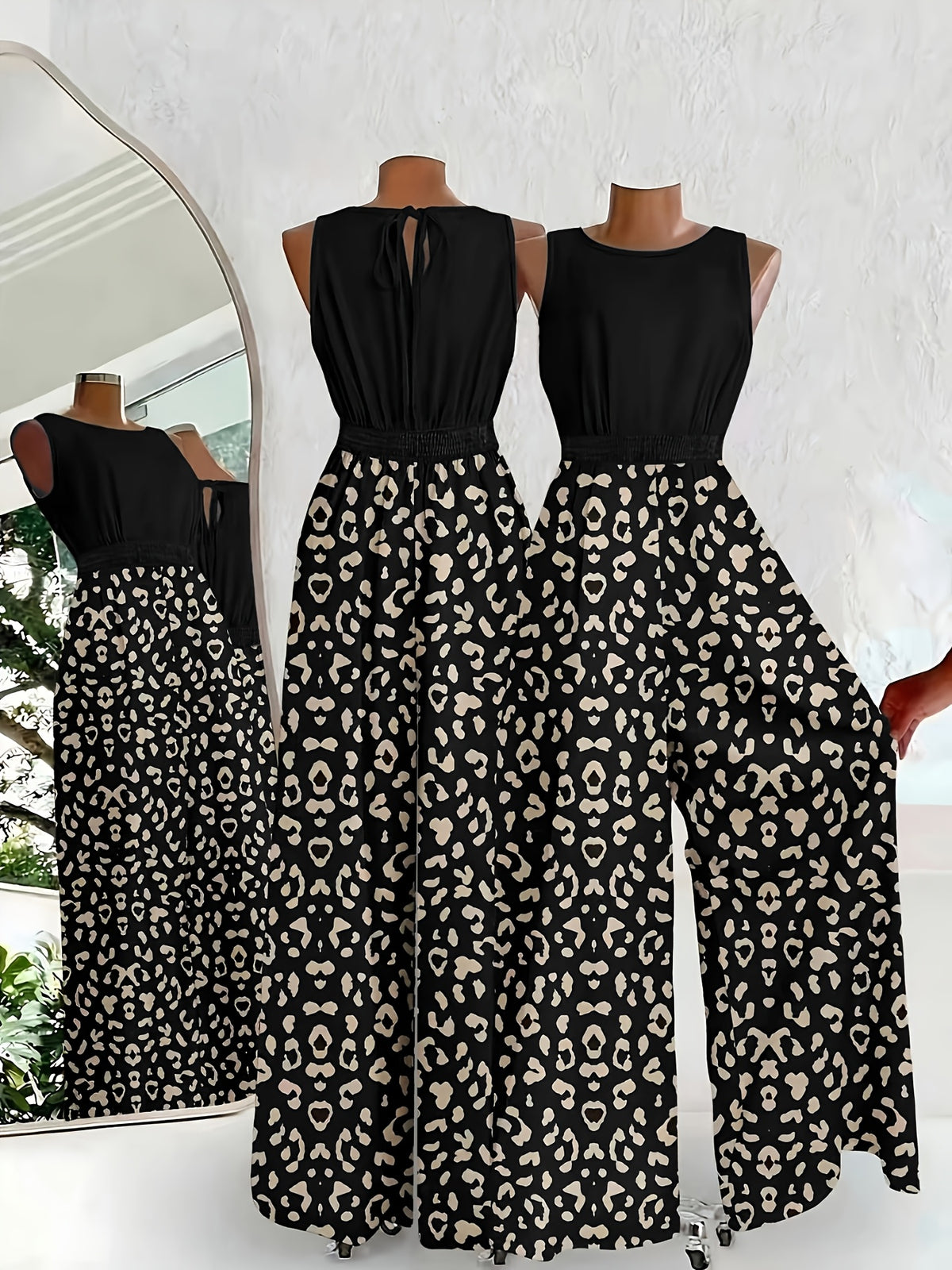 New Arrival Women's Printed Jumpsuit for Outings, Leisure, Seaside Vacations, with Gathered Waist, Fashionable for Commuting and Home Wear - Black
