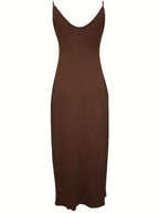 Oriented to European And American Foreign Trade Cross-Border New Women'S Long Dress, Slim And A-Line Solid Color Pattern Suspender Dress - Dark Brown