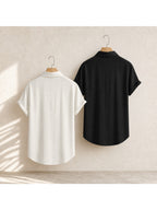 Men'S Casual Short Sleeve Shirt White And Black 2pcs Set, Fashionable And Lightweight, Suitable for Camping And Vacation, Gift for Friends - ivory white/black