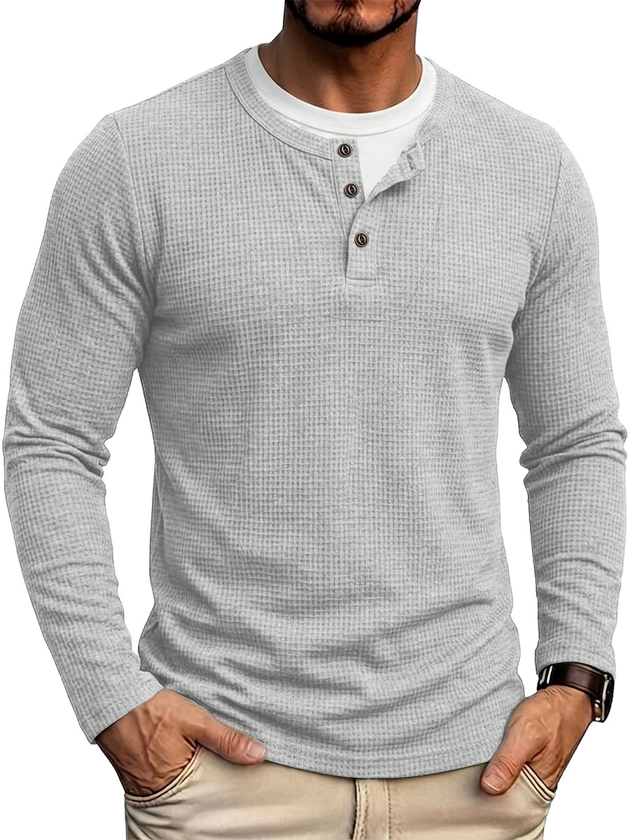 Autumn/Winter Cross-Border Men's Long Sleeve Crew Neck 2-in-1 Look Henley Shirt European and American Men's Pullover Base Layer T-shirt - Ash