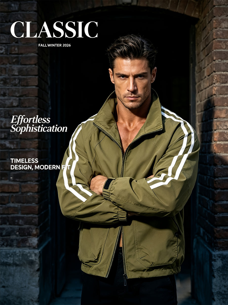 A Spring-Autumn Men'S Multi-Pocket Striped Sports Coat, a High-Quality School-Style Dress Shirt with a Campus Feel, a Comfortable Casual Windproof Jacket for Daily Use, a Stylish Bold Stripe Design for Street Fashion, And an Affordable Jacket - Military Green