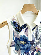 Elegant and Stylish New Spring/summer Women's Polo Collar Floral Print Waist-cinching Slim-fit Design Statement Short Casual Versatile Sleeveless Tank Top - White 2