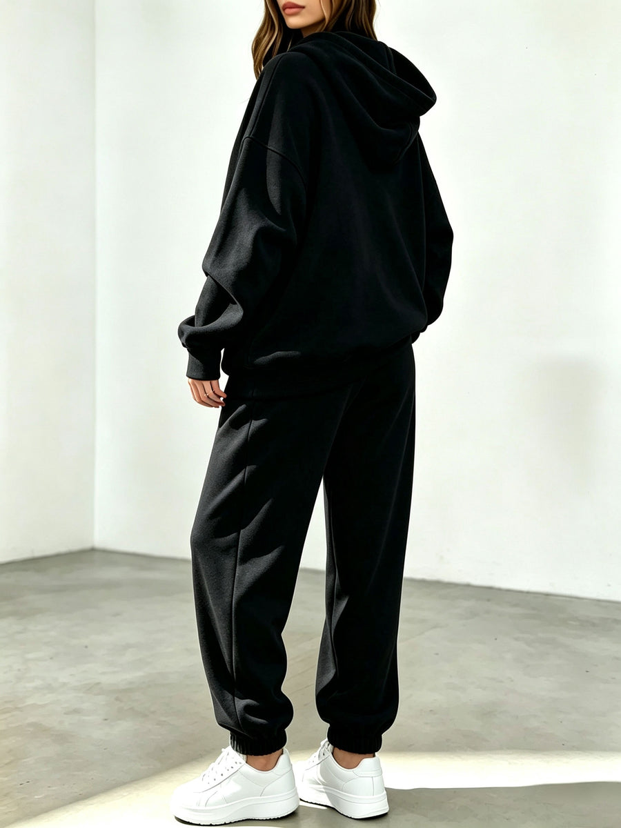 Autumn Winter Trendy Fashion Hooded Drawstring Sweatshirt And Jogger Pants Women'S Set, Hooded Drawstring Design, Front Kangaroo Pocket on Sweatshirt, Comfortable Wear for Cold Weather, Classic Silhouette, Comfortable Fit - Black 2