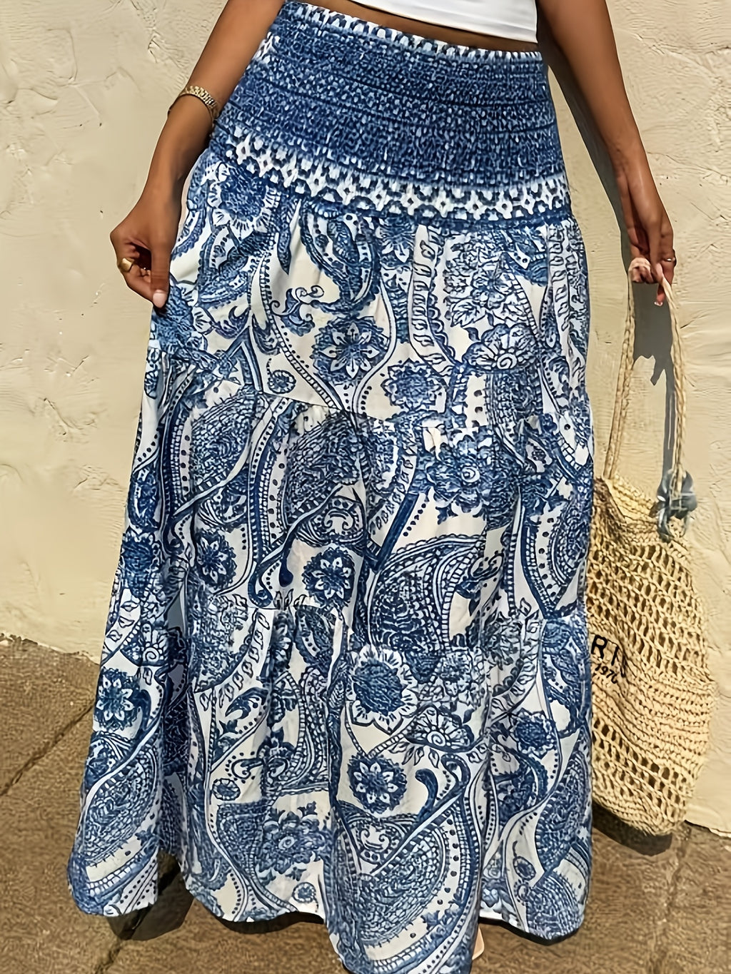 Women's Bohemian Print Skirt, Casual Daily Vacation Wear for Spring/Summer - Peacock Blue