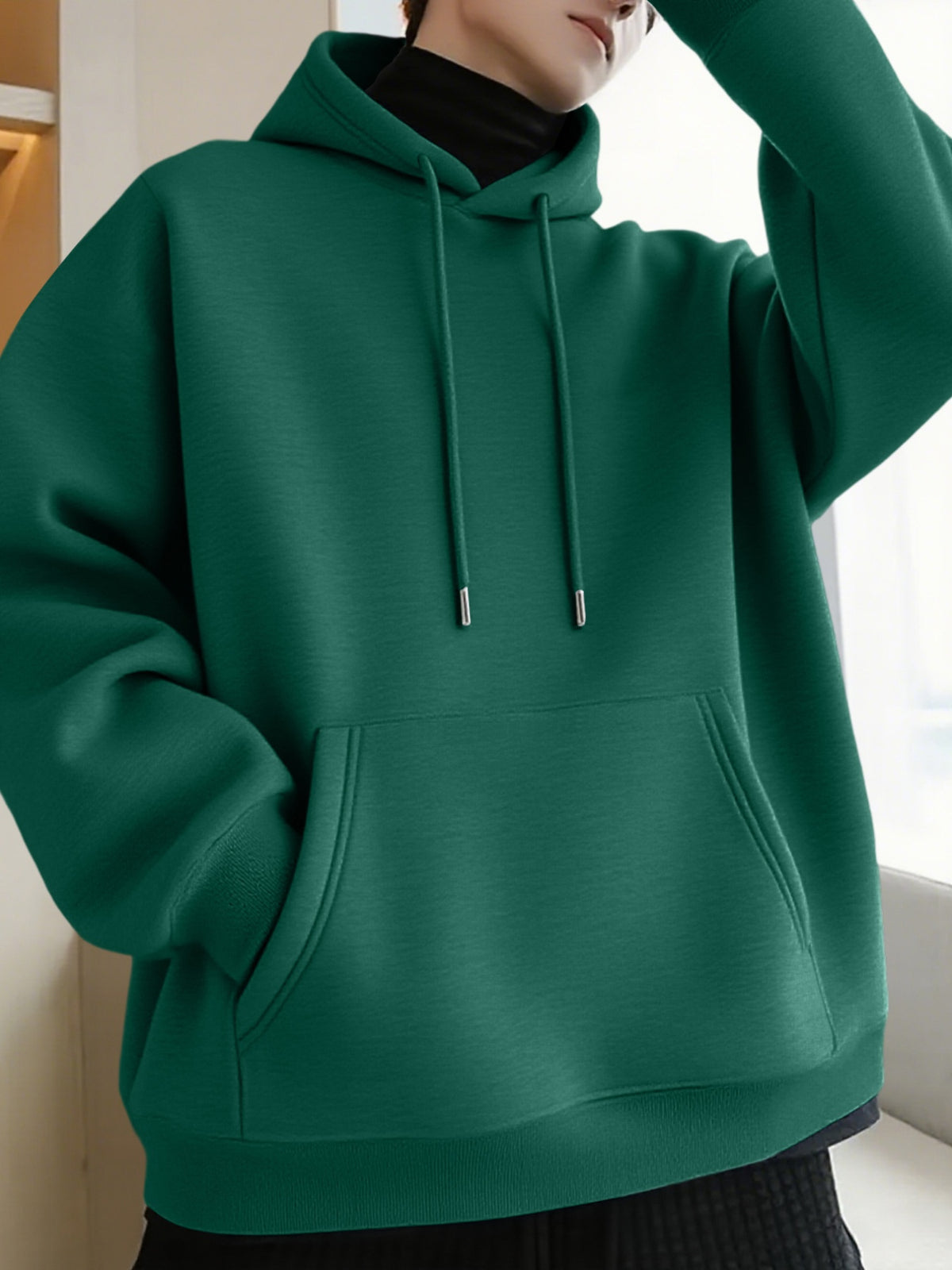 Thanksgiving Men's Hoodie with "AMOR" Blue Ink Splatter Graffiti Print on the Back, Warm and Comfortable Autumn/Winter Hooded Sweatshirt, Featuring a Practical Kangaroo Pocket, Trendy Brand-Style Stacked Letter Pattern and Floral Design - Dark Green
