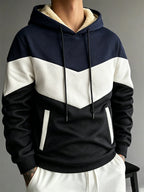 1pc Men'S Color-Block Patchwork Hooded Pullover Sweatshirt, Multi-Color Warm Textured Men'S Hoodie, Drawstring Kangaroo Pocket Warm Hooded Top, Casual Street Style Regular Fit Fall/Winter Sweatshirt, Multi-Color Patchwork Long Sleeve Hoodie - Navy Blue,, Black