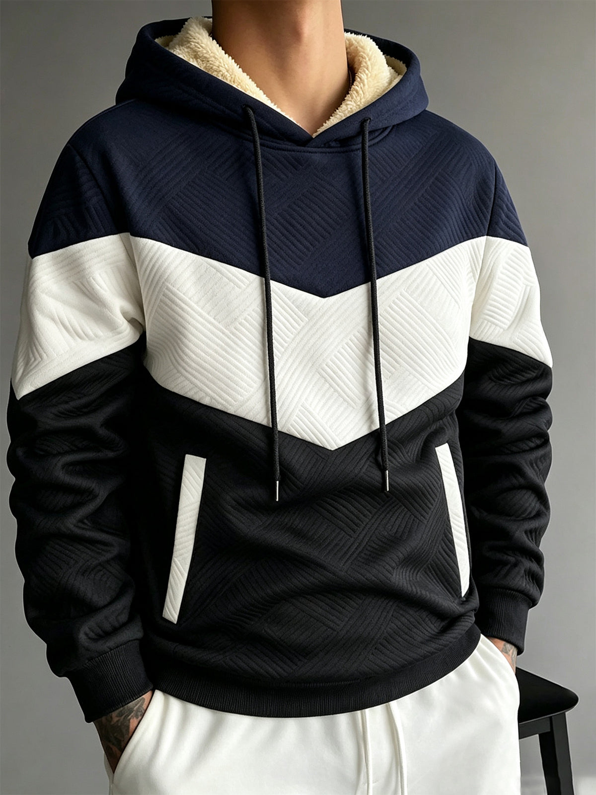 1pc Men'S Color-Block Patchwork Hooded Pullover Sweatshirt, Multi-Color Warm Textured Men'S Hoodie, Drawstring Kangaroo Pocket Warm Hooded Top, Casual Street Style Regular Fit Fall/Winter Sweatshirt, Multi-Color Patchwork Long Sleeve Hoodie - Navy Blue,, Black