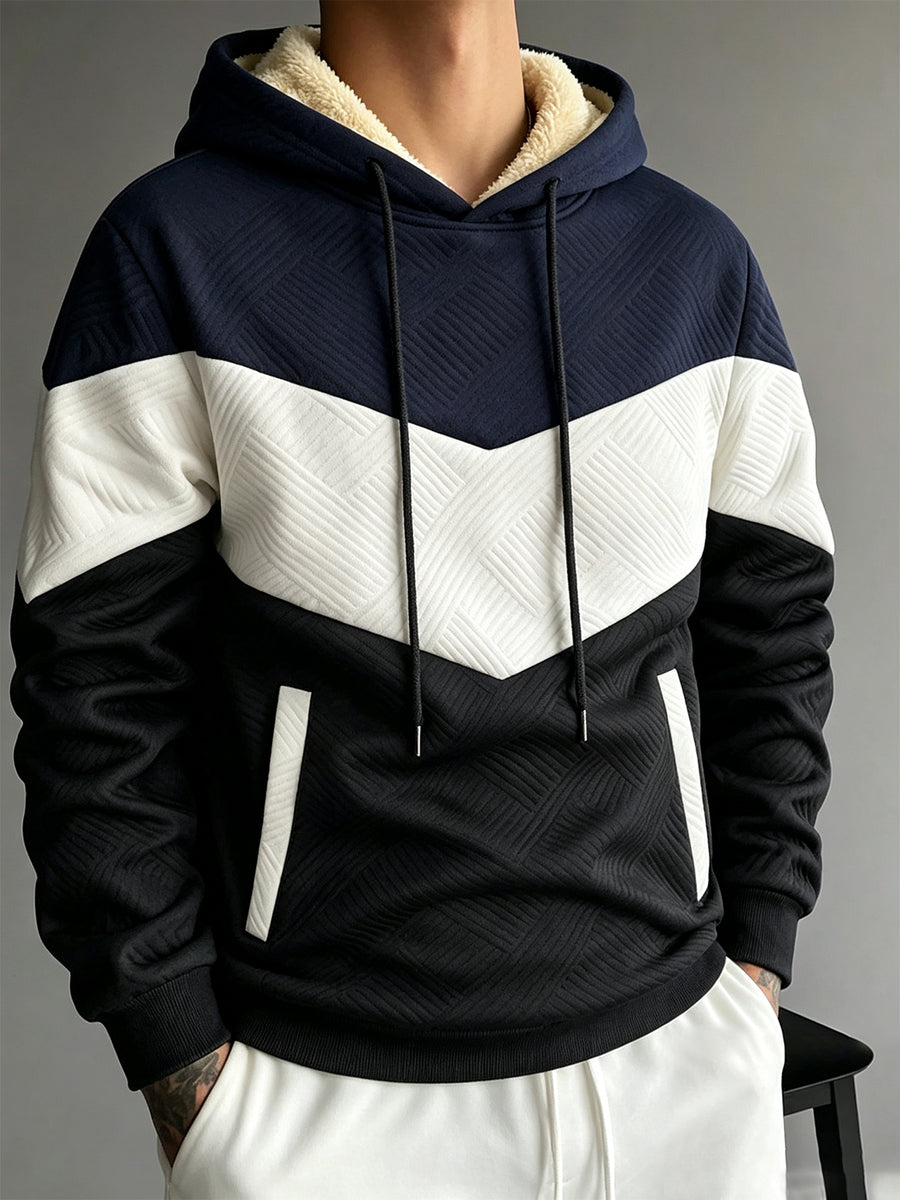 1pc Men'S Color-Block Patchwork Hooded Pullover Sweatshirt, Multi-Color Warm Textured Men'S Hoodie, Drawstring Kangaroo Pocket Warm Hooded Top, Casual Street Style Regular Fit Fall/Winter Sweatshirt, Multi-Color Patchwork Long Sleeve Hoodie - Navy Blue,, Black