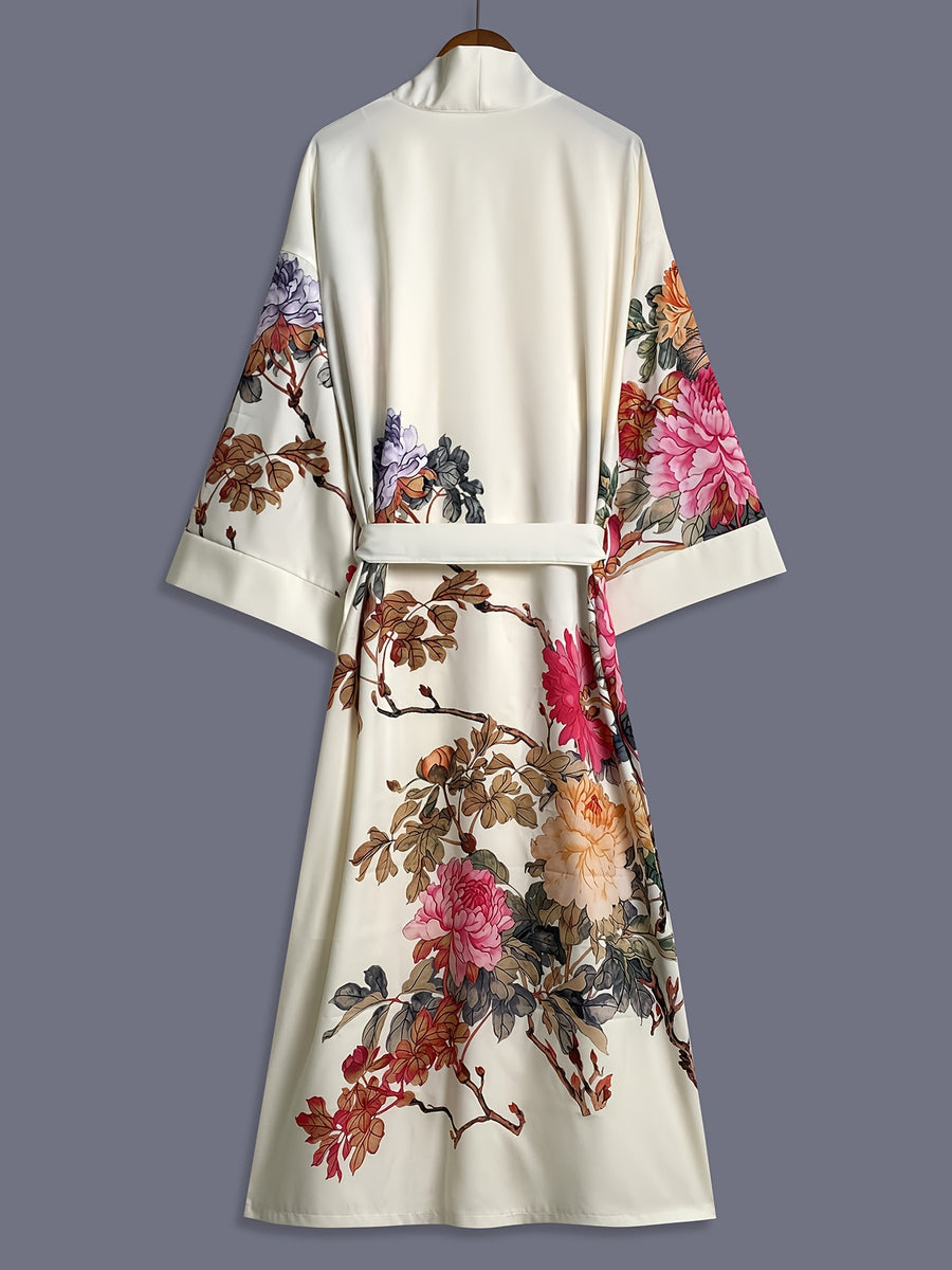 Japanese-style Rose Print Mid-length Three-quarter Sleeve Kimono Cardigan, Lightweight Outerwear for Women, Elegant European and American Ethnic-inspired Streetwear Casual Cover-up, Beach Vacation Travel Uchikake-style Thin Cape Coat, Home Yukata - Apricot