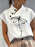 Casual Comfortable Elegant Chic Small Stand Collar Button-Up Sleeveless Dragonfly Butterfly Print White Shirt - White No. 1
