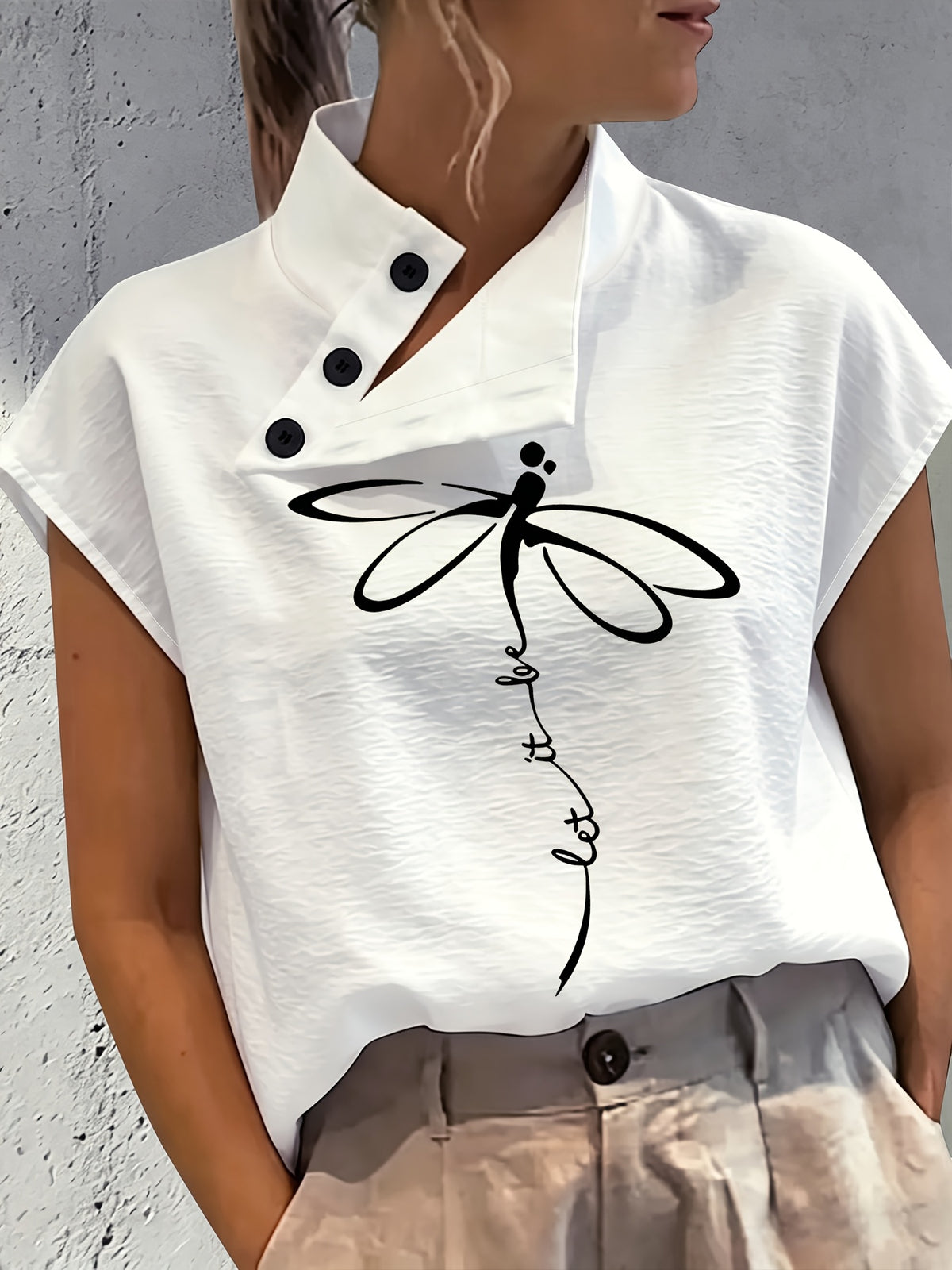 Casual Comfortable Elegant Chic Small Stand Collar Button-Up Sleeveless Dragonfly Butterfly Print White Shirt - White No. 1