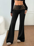 Women'S Casual Leopard Print Waist-High Contrast Black Flare Pants, Fashionable Textured Pattern Trousers, Leopard Print Trousers, Black Flare Pants, Cheetah Pattern Bottoms, Flare Leggings, Black Pants - Black