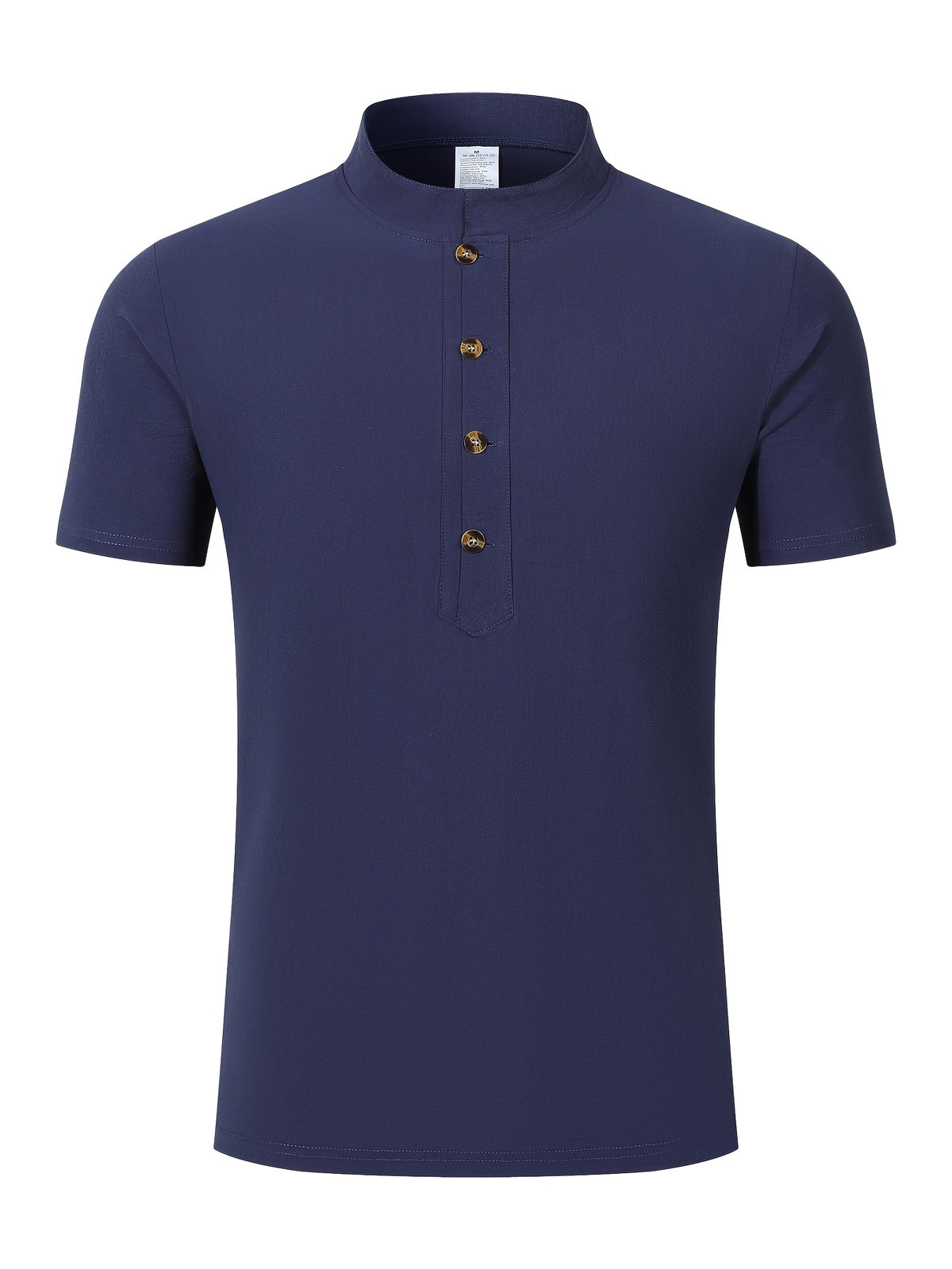 New Men's Cotton-Cotton And Linen Blend Blend Stand Collar Henley Short Sleeve T-Shirt, Half-Open Placket Button Casual Breathable Lightweight Summer Beach Top - Navy Color