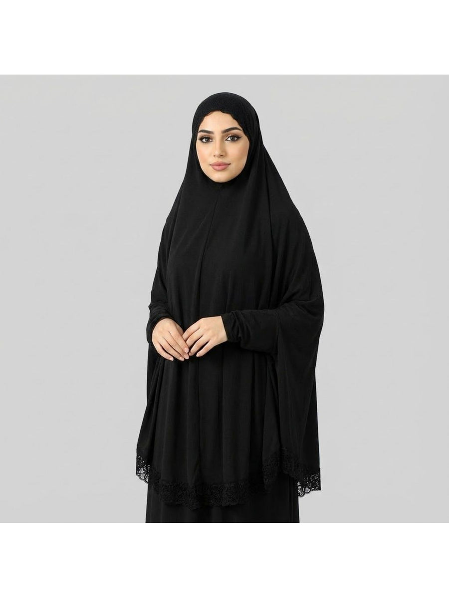 1pc Muslim Women Elegant Lace Trim Double Headscarf Long Sleeve Loose Headscarf Robe - Lightweight Breathable Quick-Drying Festival Prayer Robe, Lace Trim Double Headscarf Suitable for Eid Al-Fitr, Daily Wear And Outdoor, Quick-Drying Headwear - Black