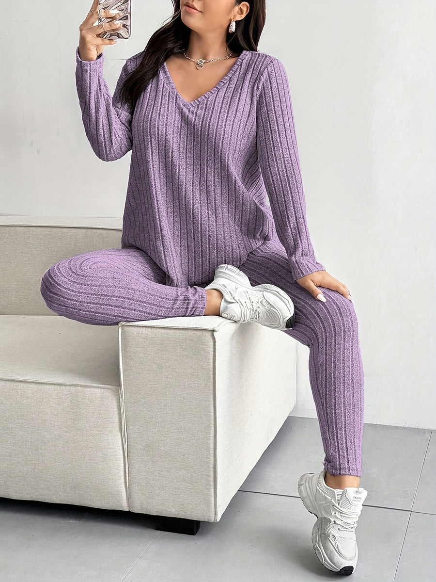 2-Piece V-Neck Top + Pants Set, Fleece Striped Outfit, Loose V-Neck Top, Waist-Tie Slimming Pants, Solid Color, Casual Sportswear Home Wear - Purple