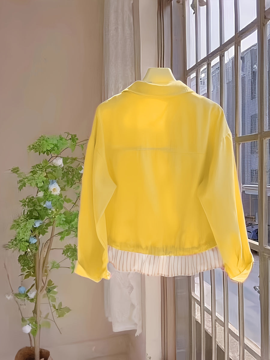 Spring and Autumn Fashion Striped Patchwork Top - Lemon Yellow