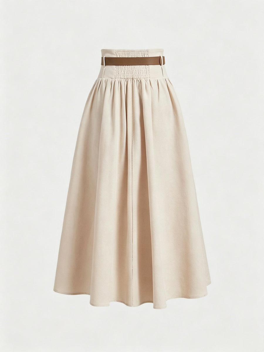 Solid High-Waist Metallic Buckle Skirt with Belt, Fall Winter Skirt, Back-To- Season, Autumn Wedding Guest Dress, Party, Old Money Style, Elegant, Office Workwear Women'S Dress, Brunch, Back-To, Business Casual Women'S Clothing - Apricot