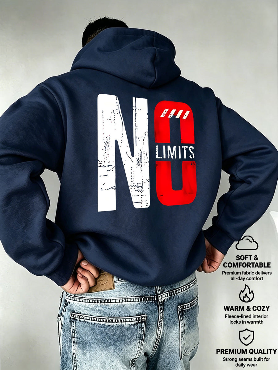 Men's Oversized Hooded Sweatshirt with NO Contrast Color Bold Letter Print, European and American Street Style Casual Sweatshirt - Navy Color