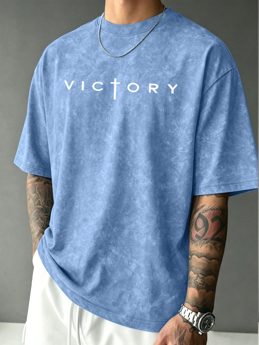 American-style Distressed Washed Short-sleeve T-shirt with Cross and Creative Letter Print, Men's Simple Versatile Trendy Crew Neck Short-sleeve Top - Light Blue