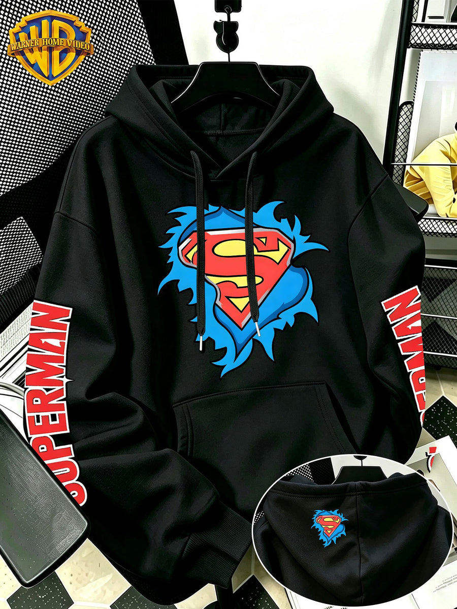 [Warner Bros] Licensed Men'S New Trendy Hoodie DC Superman Ripped Logo Print Casual Hooded Sweatshirt Everyday Drawstring Loose Pullover Machine Washable All-Match Sports Casual Men'S Top - Black