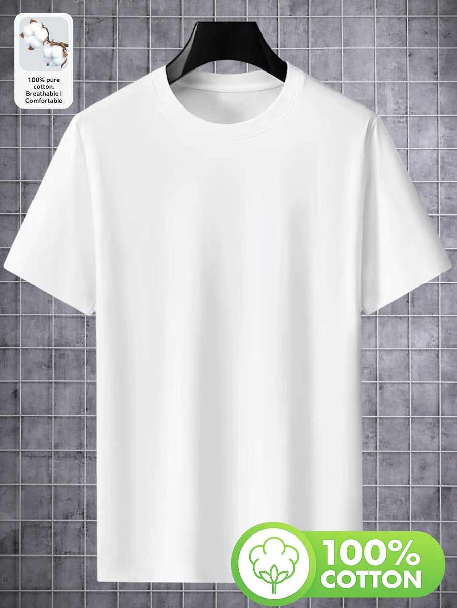 100% Pure  Men's Crew Neck Short Sleeve T-Shirt, Summer Solid Color, Comfortable, Soft, Breathable, Sweat-Absorbent, Casual, Versatile, for Layering or Wearing Outside - White