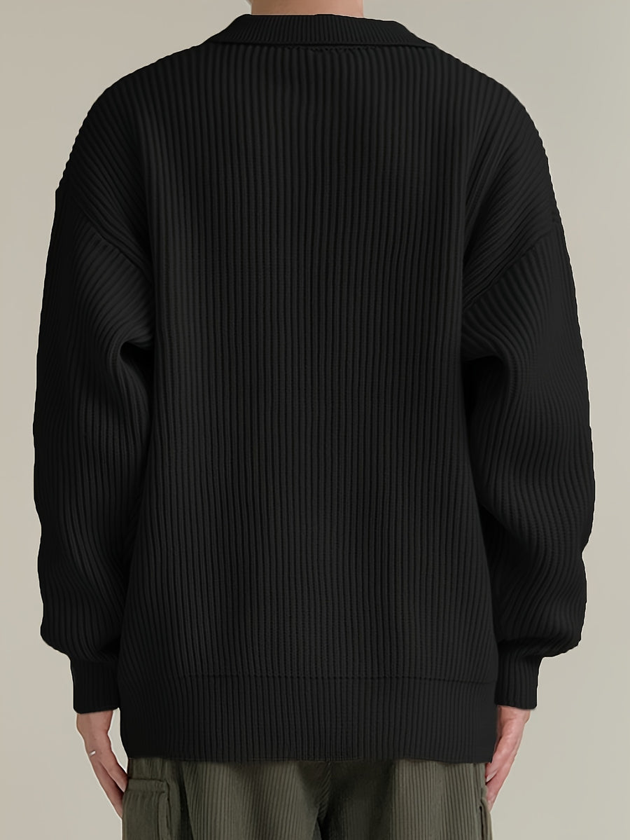 Men's Casual Knit Cardigan - Solid Color, Button-Up with Lapel Collar, Loose Fit for Fall/Winter - Black