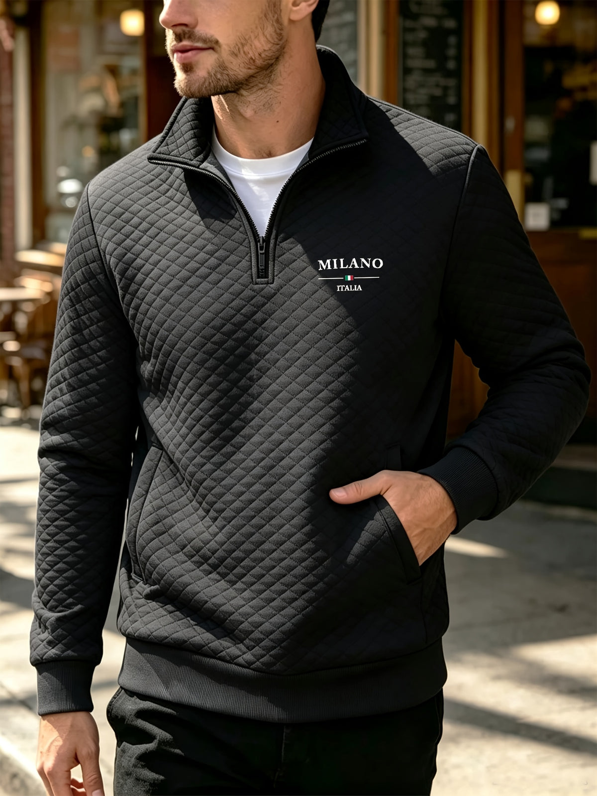BOWZ Men's Lapel Sweatshirt, Autumn/Winter Men's Half-Zip Polo Sweatshirt, American-Style Henry Shirt Color-Block Sweatshirt, Trendy and Versatile, Warm and Breathable, with Zipper and Pocket Design, Suitable for Outdoor Sports and Casual Home Wear - Black