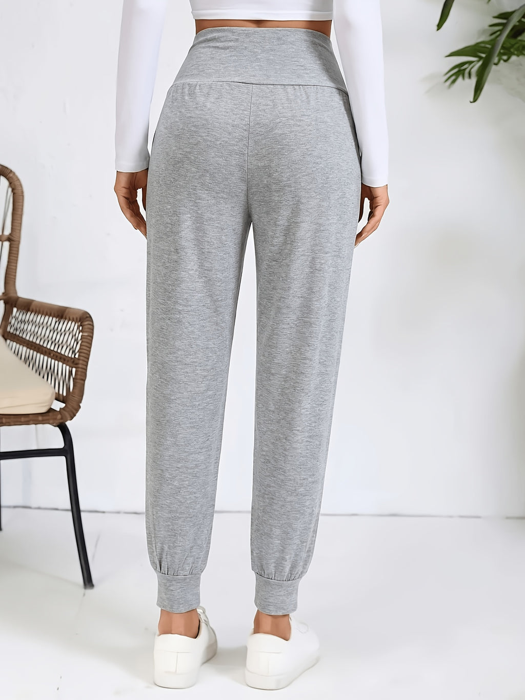 An Elegant Women's Casual High-waisted Pants with Slant Pockets. Women's Pants and Cuffed Long Pants for Spring, Summer, and Autumn - Light Grey