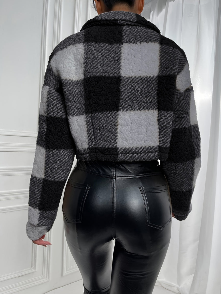 Fashionable Women's Plaid Cropped Hooded Plush Jacket with Front Zipper, Long Sleeves, and Warm Short Outerwear. Can Be Paired with High-waisted Pants or Skirts, Suitable for Travel, Errands, and Urban Casual Styling - Deep Grey