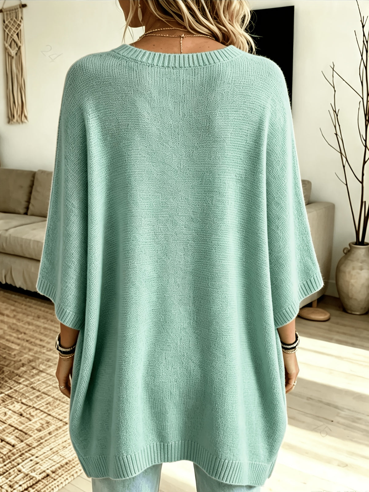 Plus Size, Women's Spring/Autumn Elegant Casual Cute Sexy Middle Eastern Style Spring/Autumn/Winter Solid Color Round Neck Batwing Sleeve Split Hem Irregular Loose Soft Warm Shawl Cape Pullover Sweater Top - Green