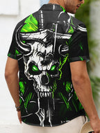 Men'S Trendy Personalized Short-Sleeved Shirt, Dark Style Skull Image, Green Flame Bull Horns And Chains Wrapped Around, with a Street Trend Cool Feel, Contrasting Color Printing, Button Closure for Convenience And Casualness - Multicolor