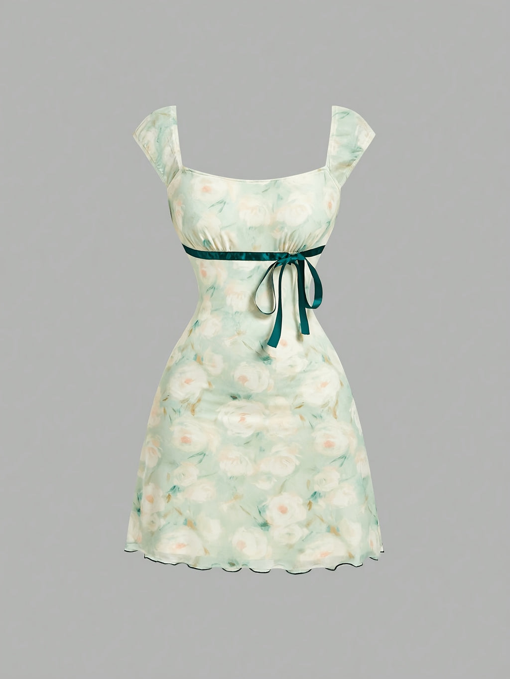 Square Neck Dress, Summer Pure Desire Style Bow Waist Cinching Short Bodycon Skirt, Sweet Style Printed Dress, Summer Date Ribbon Bow Waist Cinching Mesh Mini Skirt, Suitable for Birthday Parties, Weekend Parties, and Vacation Outings - Light Green