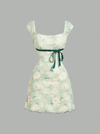 Square Neck Dress, Summer Pure Desire Style Bow Waist Cinching Short Bodycon Skirt, Sweet Style Printed Dress, Summer Date Ribbon Bow Waist Cinching Mesh Mini Skirt, Suitable for Birthday Parties, Weekend Parties, and Vacation Outings - Light Green