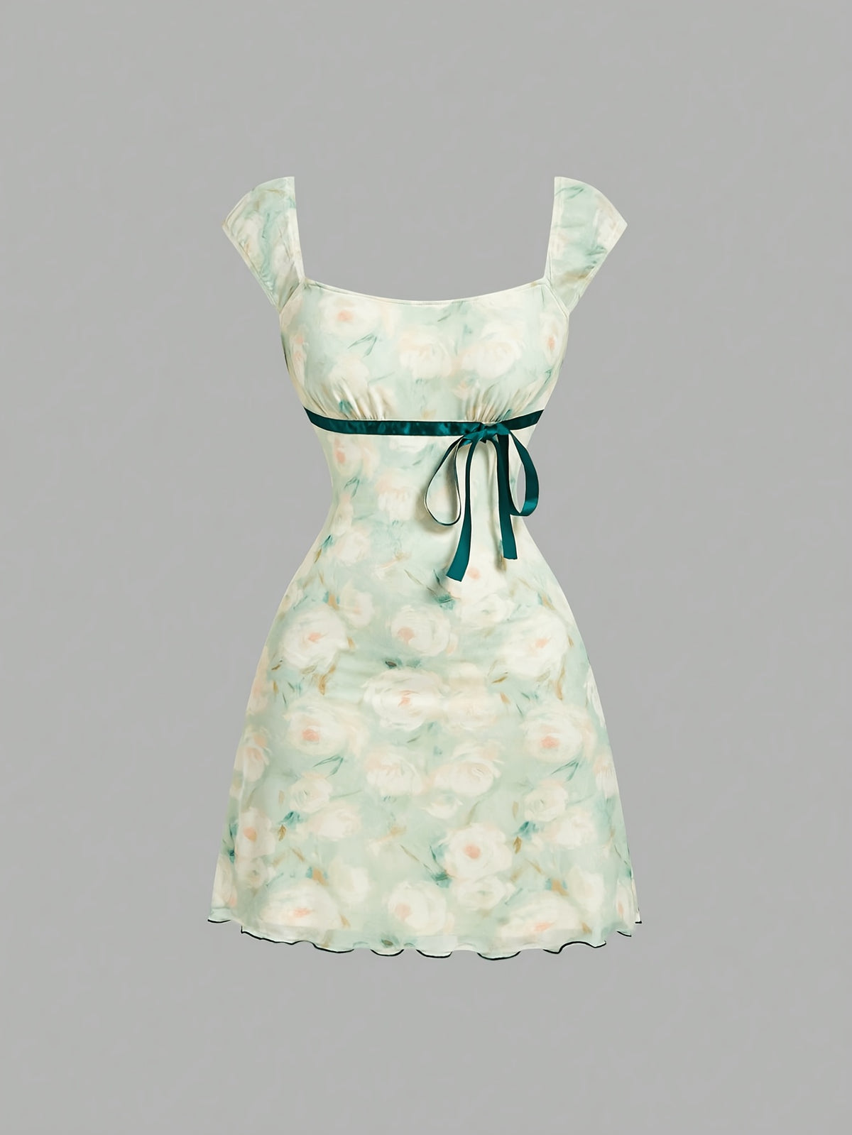 Square Neck Dress, Summer Pure Desire Style Bow Waist Cinching Short Bodycon Skirt, Sweet Style Printed Dress, Summer Date Ribbon Bow Waist Cinching Mesh Mini Skirt, Suitable for Birthday Parties, Weekend Parties, and Vacation Outings - Light Green
